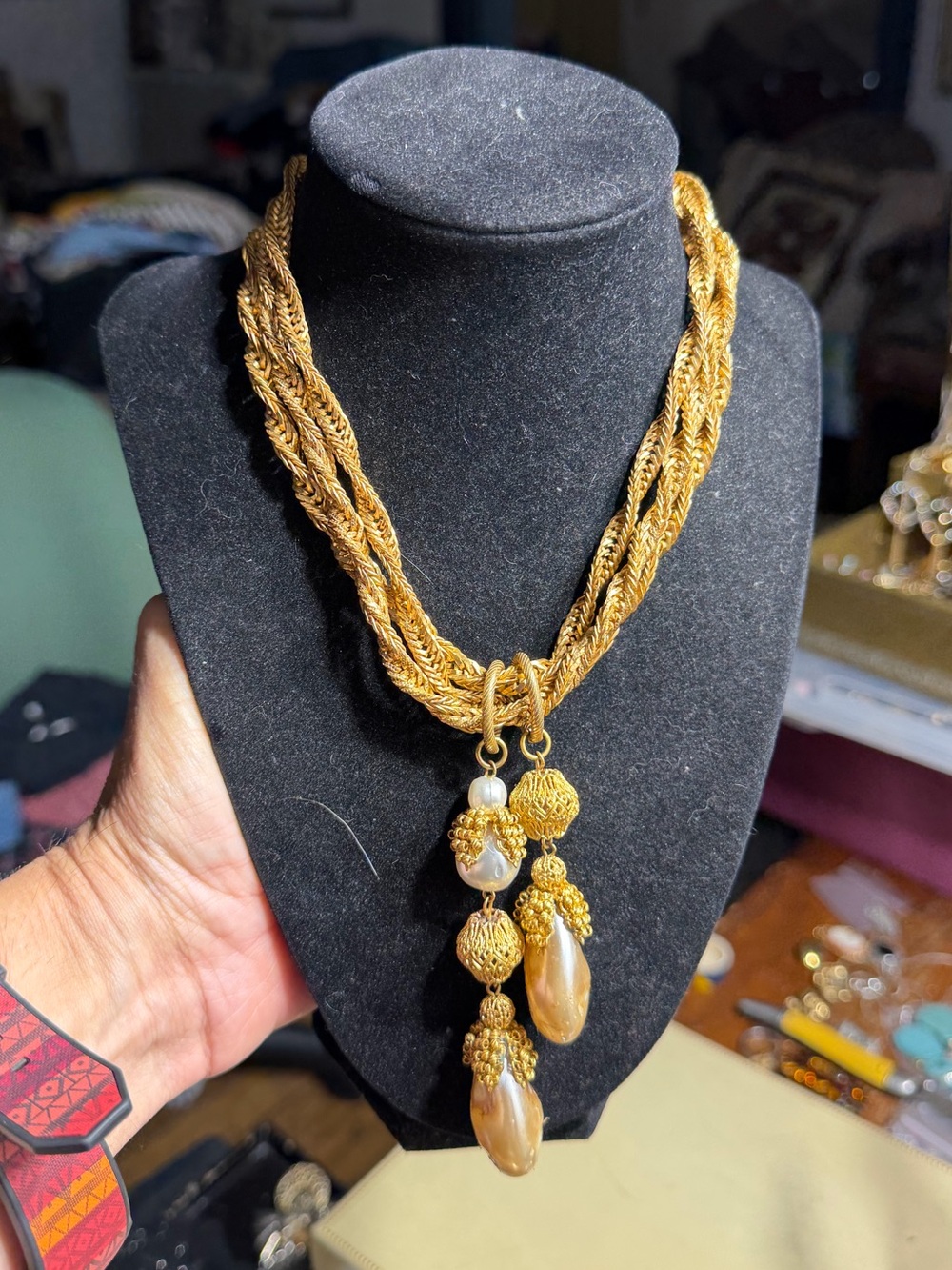 Vintage Gold Tone Three Strand Braided Rope Lariat Pearl Necklace